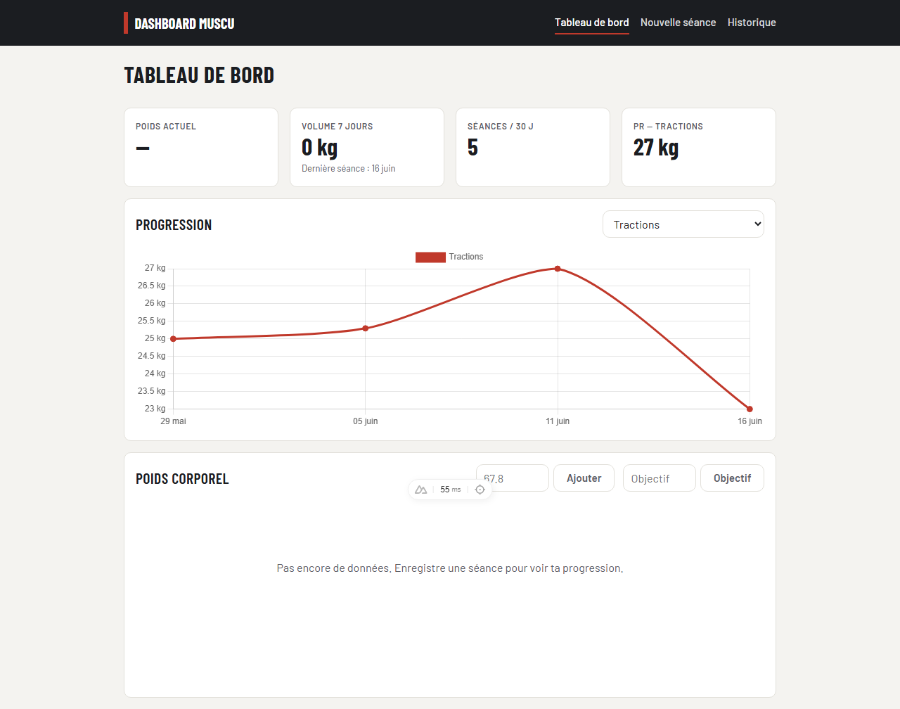 Dashboard Muscu - Application web Nuxt/Vue de suivi de musculation avec graphiques de progression